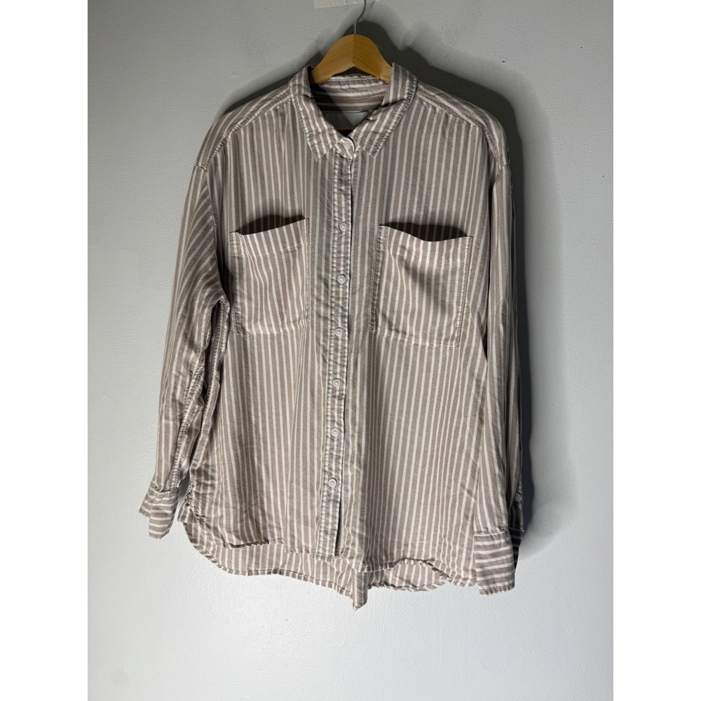 Lola River Tan White Striped Tencel Lyocell Button Up Shirt XL Pockets Neutral